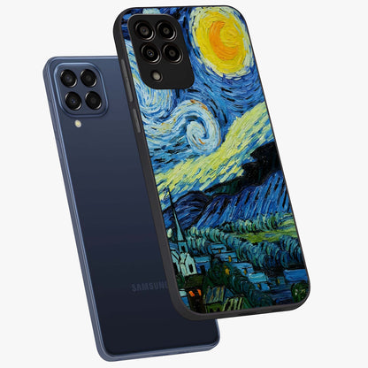 Van Gogh Art Glass Case displayed in angled mockup highlighting swirling brushstroke design with artistic aesthetic.