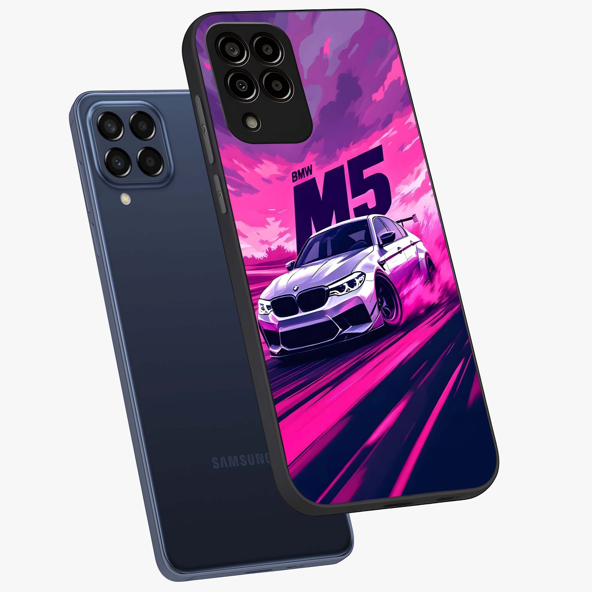 Velocity Drift Pulse Glass Case displayed in angled mockup highlighting dynamic drift design with sporty automotive aesthetic.