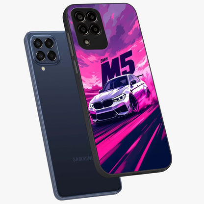 Velocity Drift Pulse Glass Case displayed in angled mockup highlighting dynamic drift design with sporty automotive aesthetic.