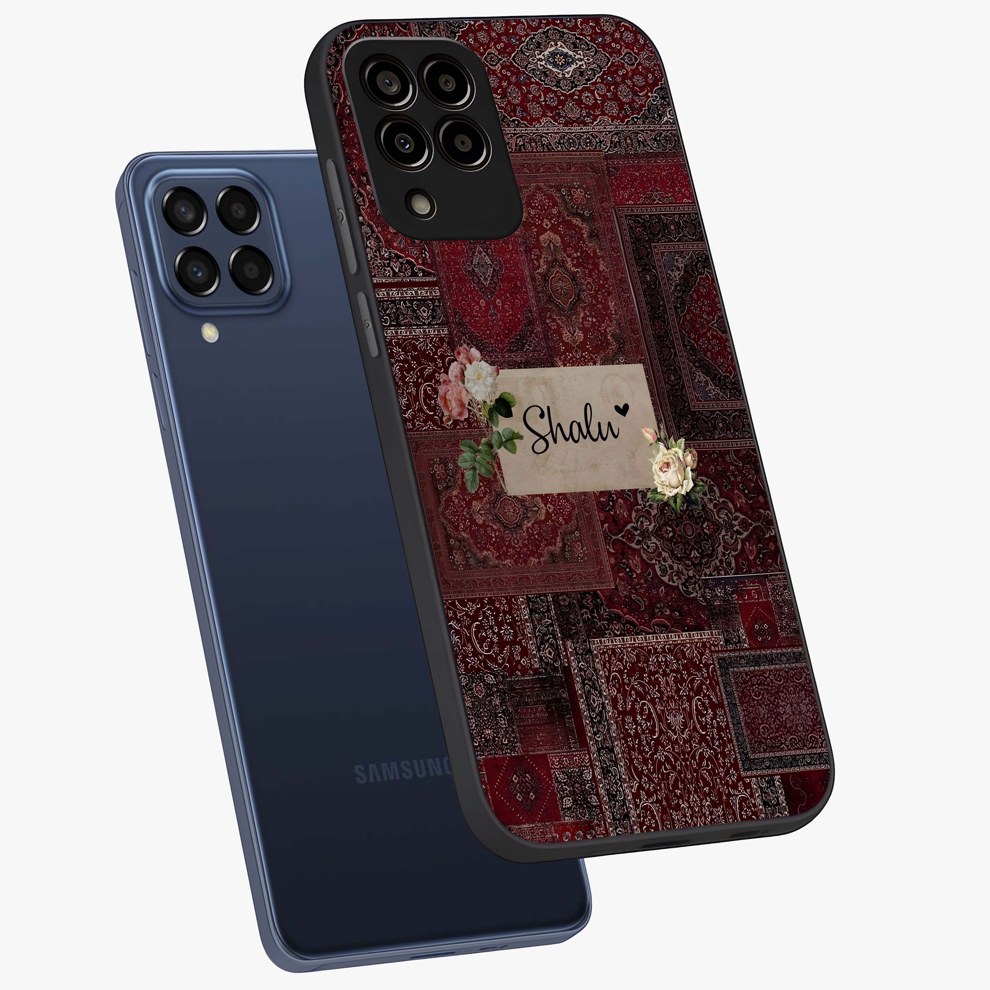 Velvet Wine Pattern Custom Name Glass Case displayed in angled mockup highlighting decorative velvet inspired design with custom name feature.