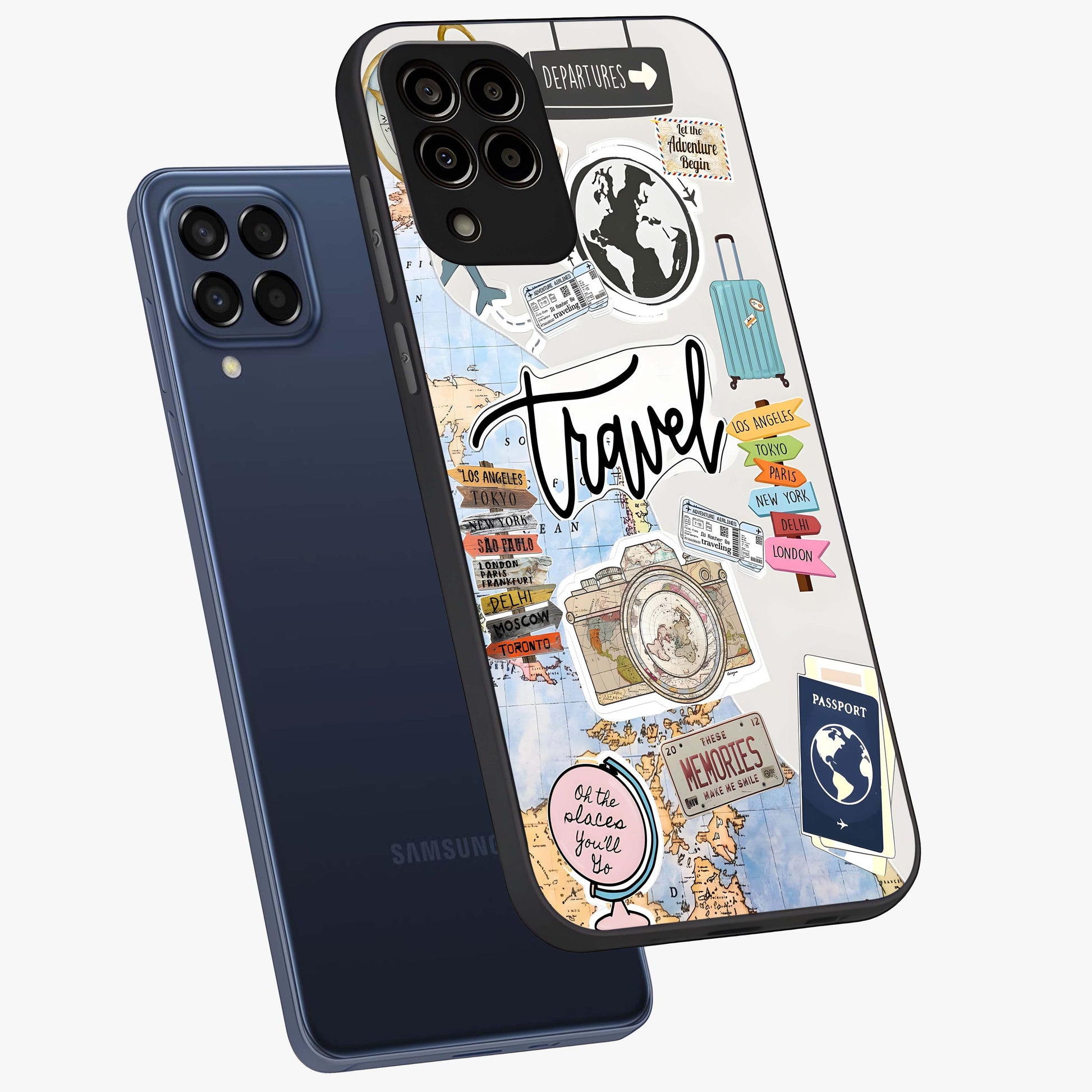 Wanderlust Journal Glass Case displayed in angled mockup highlighting adventure themed design with aesthetic travel vibe.