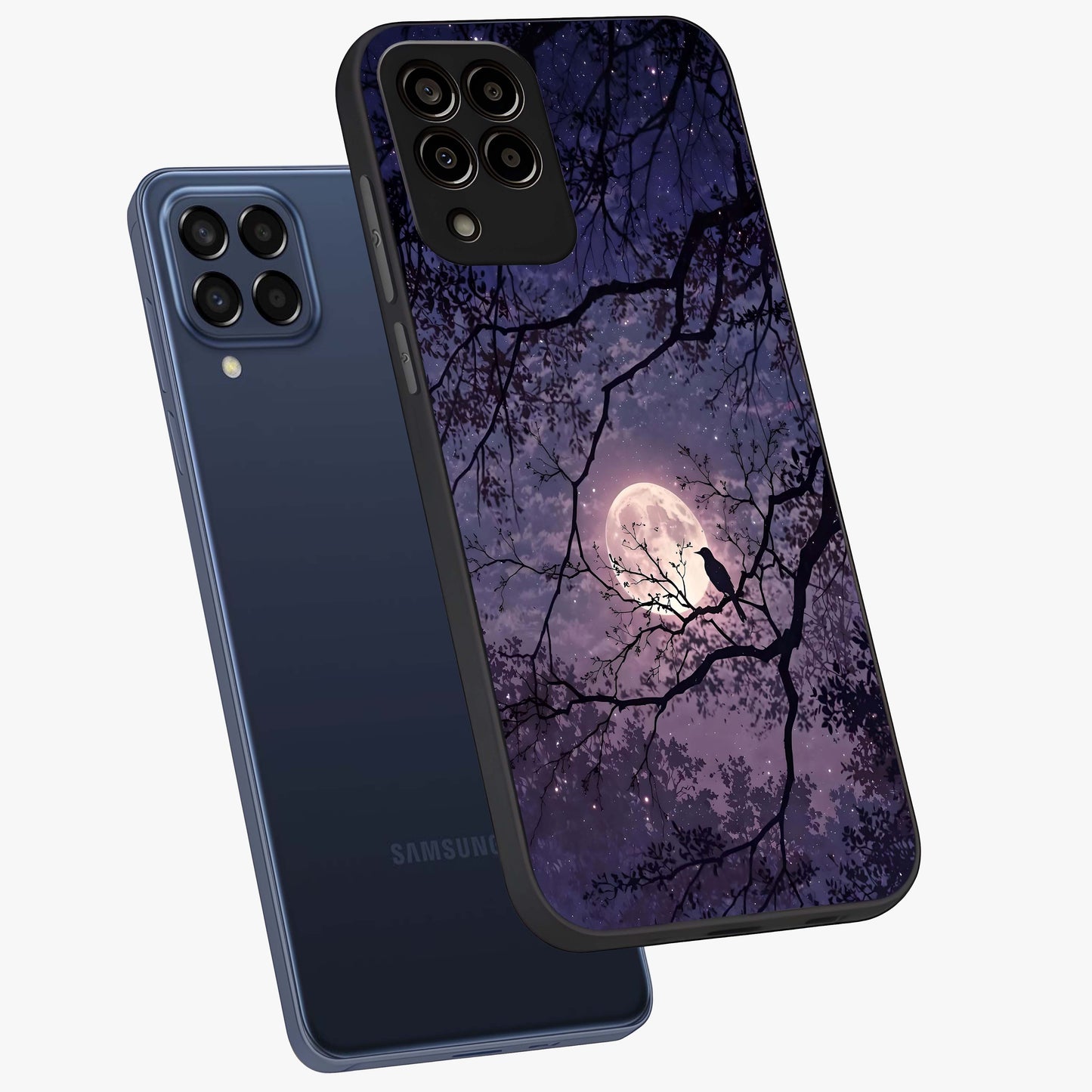 Whispering Moon Silence Glass Case displayed in angled mockup highlighting calm lunar design with dreamy night aesthetic.