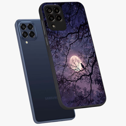 Whispering Moon Silence Glass Case displayed in angled mockup highlighting calm lunar design with dreamy night aesthetic.