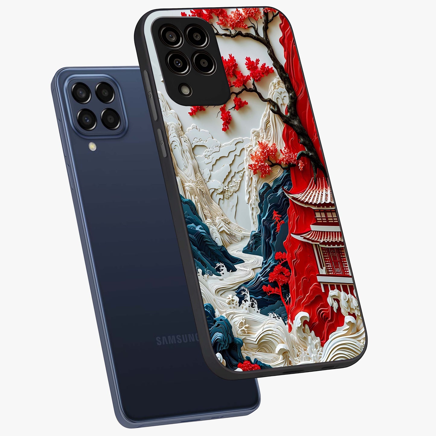 Whispers Of Sakura Waves Glass Case displayed in angled mockup highlighting flowing sakura design with soft floral aesthetic.