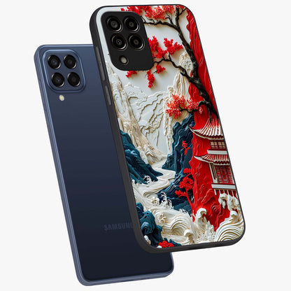 Whispers Of Sakura Waves Glass Case displayed in angled mockup highlighting flowing sakura design with soft floral aesthetic.