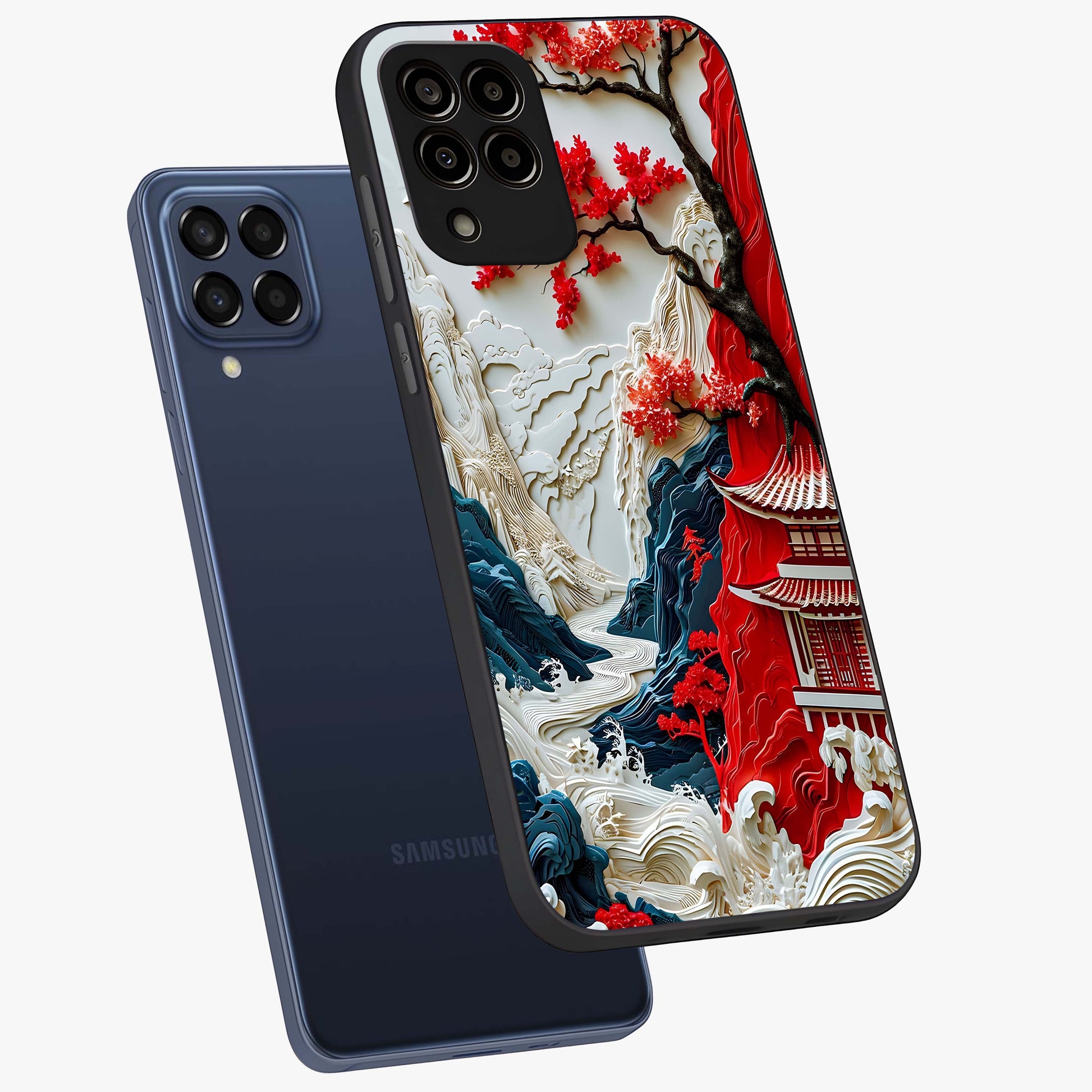 Whispers Of Sakura Waves Glass Case displayed in angled mockup highlighting flowing sakura design with soft floral aesthetic.