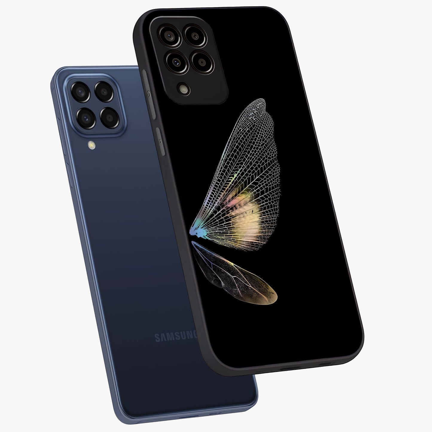 Whispers Of Wings Glass Case displayed in angled mockup highlighting soft feather design with celestial aesthetic style.