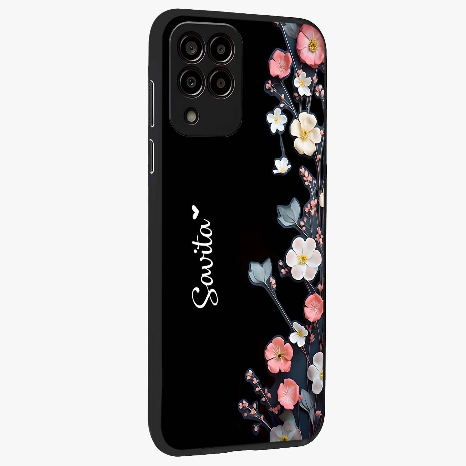 Black Elegance Floral Custom Name Glass Case upright view showcasing luxurious black floral design with personalized name detail.