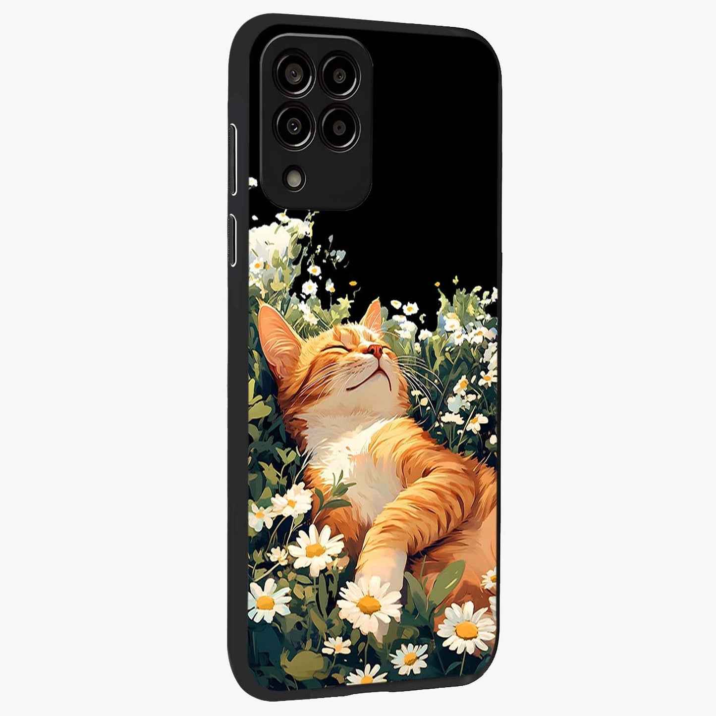 Blissful Bloom Cat Glass Case upright view showcasing charming cat design surrounded by blooming floral elements.