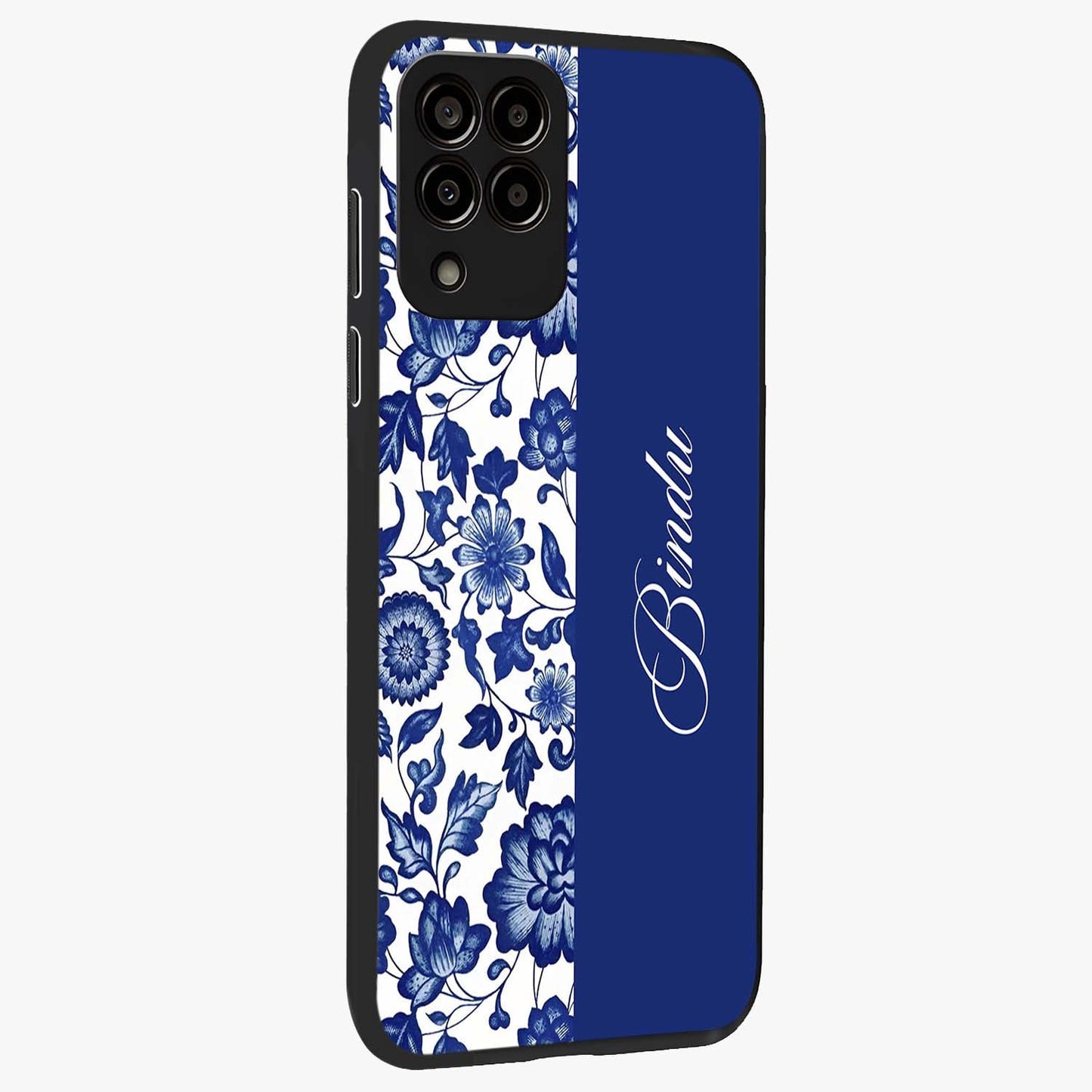 Blue Vintage Floral Pattern Glass Case upright view showcasing delicate blush floral texture with modern minimal style.