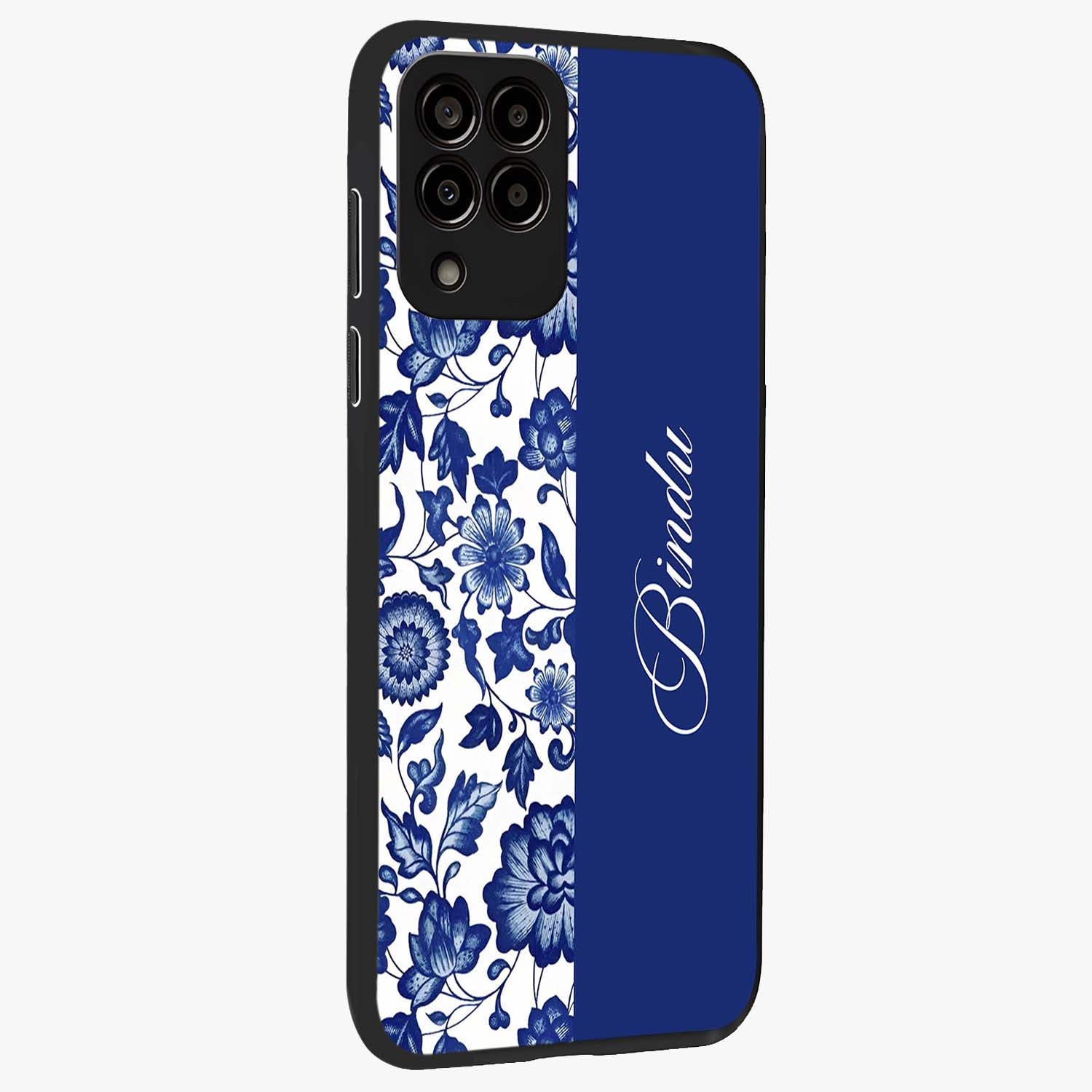 Blue Vintage Floral Pattern Glass Case upright view showcasing delicate blush floral texture with modern minimal style.
