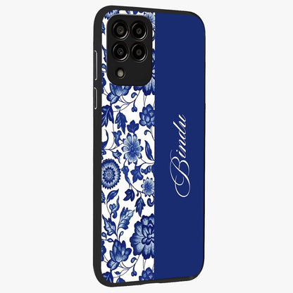 Blue Vintage Floral Pattern Glass Case upright view showcasing delicate blush floral texture with modern minimal style.