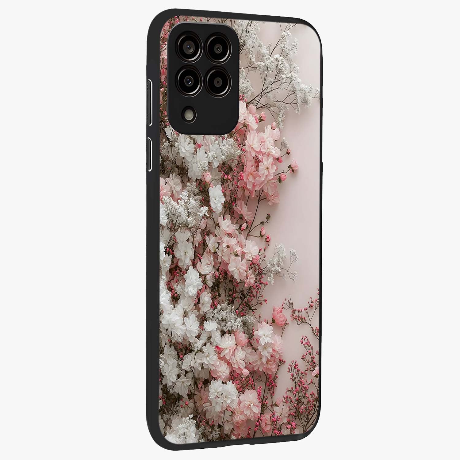 Blush Blossom Cloud Glass Case upright view showcasing calm floral cloud artwork with gentle dreamy theme.