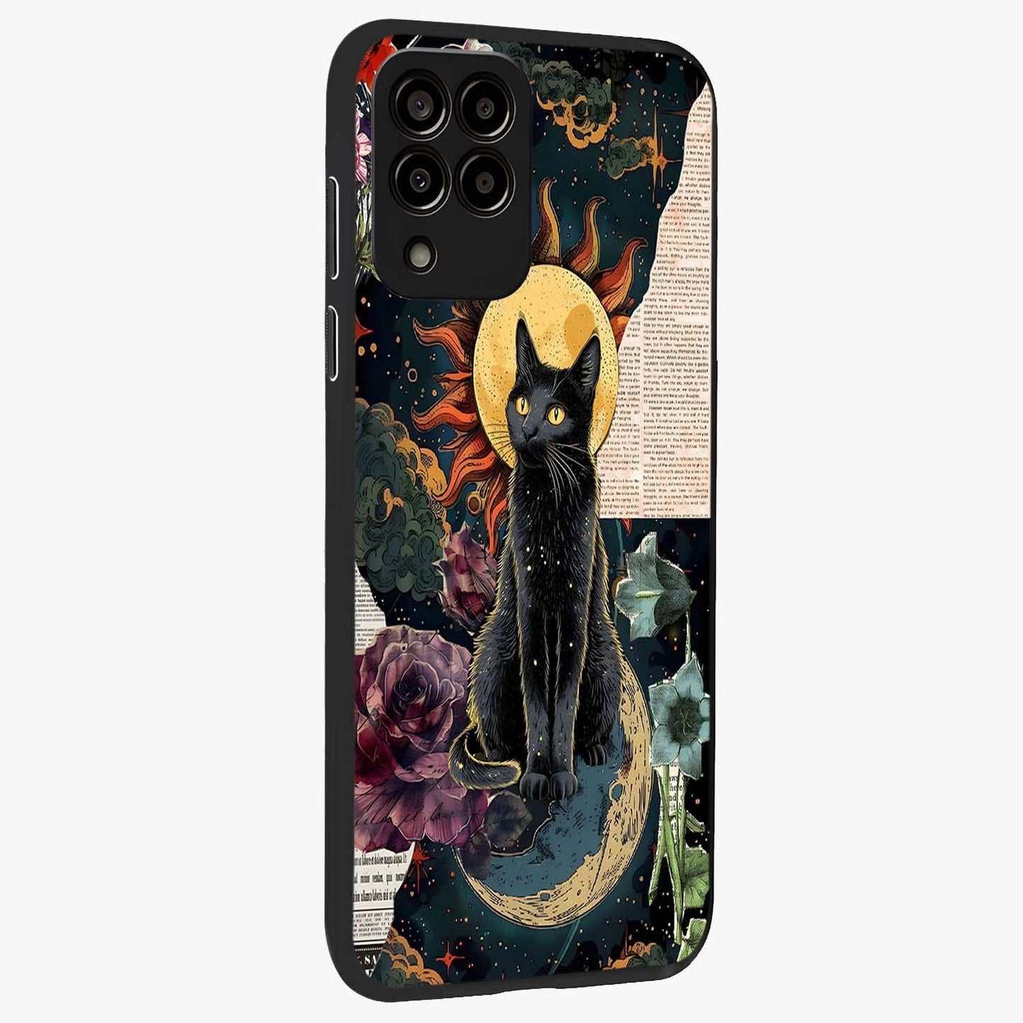 Celestial Black Cat Glass Case upright view showcasing magical black cat illustration with starry cosmic theme.