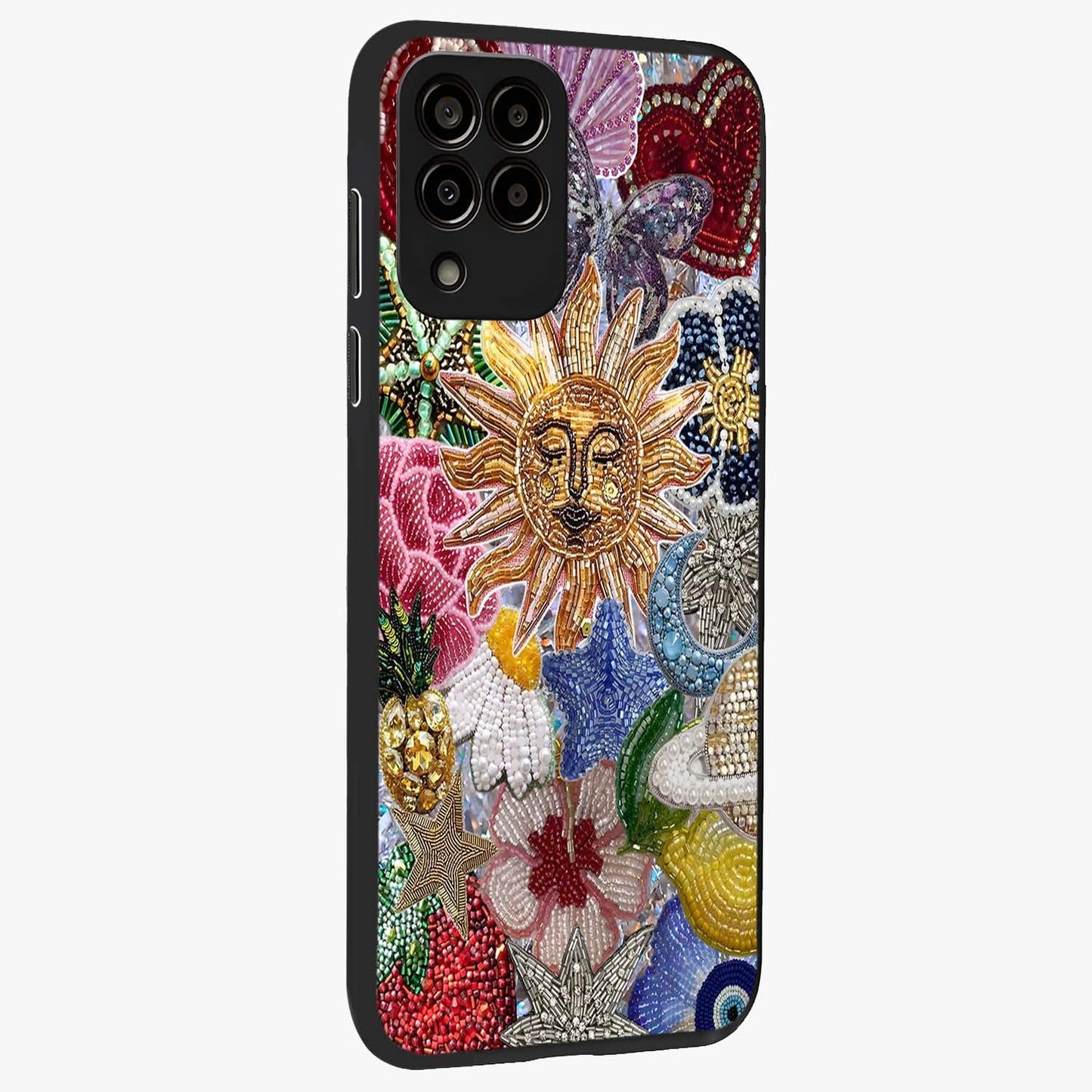 Celestial Floral and Playful Glass Case upright view showcasing whimsical floral artwork with cosmic aesthetic theme.
