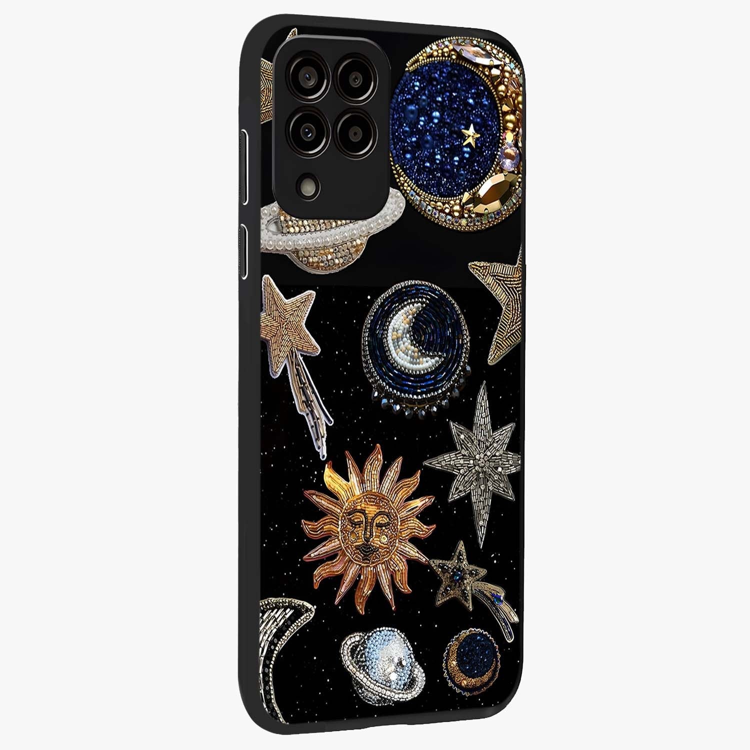 Celestial Gem Constellations Glass Case upright view showcasing cosmic constellation artwork with celestial aesthetic style.
