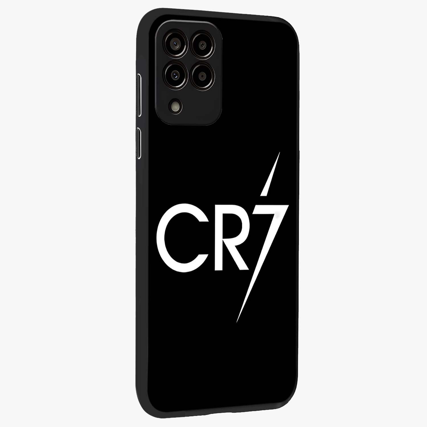 Cr7 Elite Strike Glass Case upright view showcasing energetic football inspired design with modern sports aesthetic.
