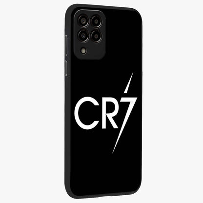 Cr7 Elite Strike Glass Case upright view showcasing energetic football inspired design with modern sports aesthetic.