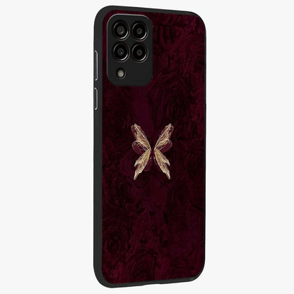 Crimson Fade Butterfly Glass Case upright view showcasing graceful butterfly artwork with soft crimson fade effect.