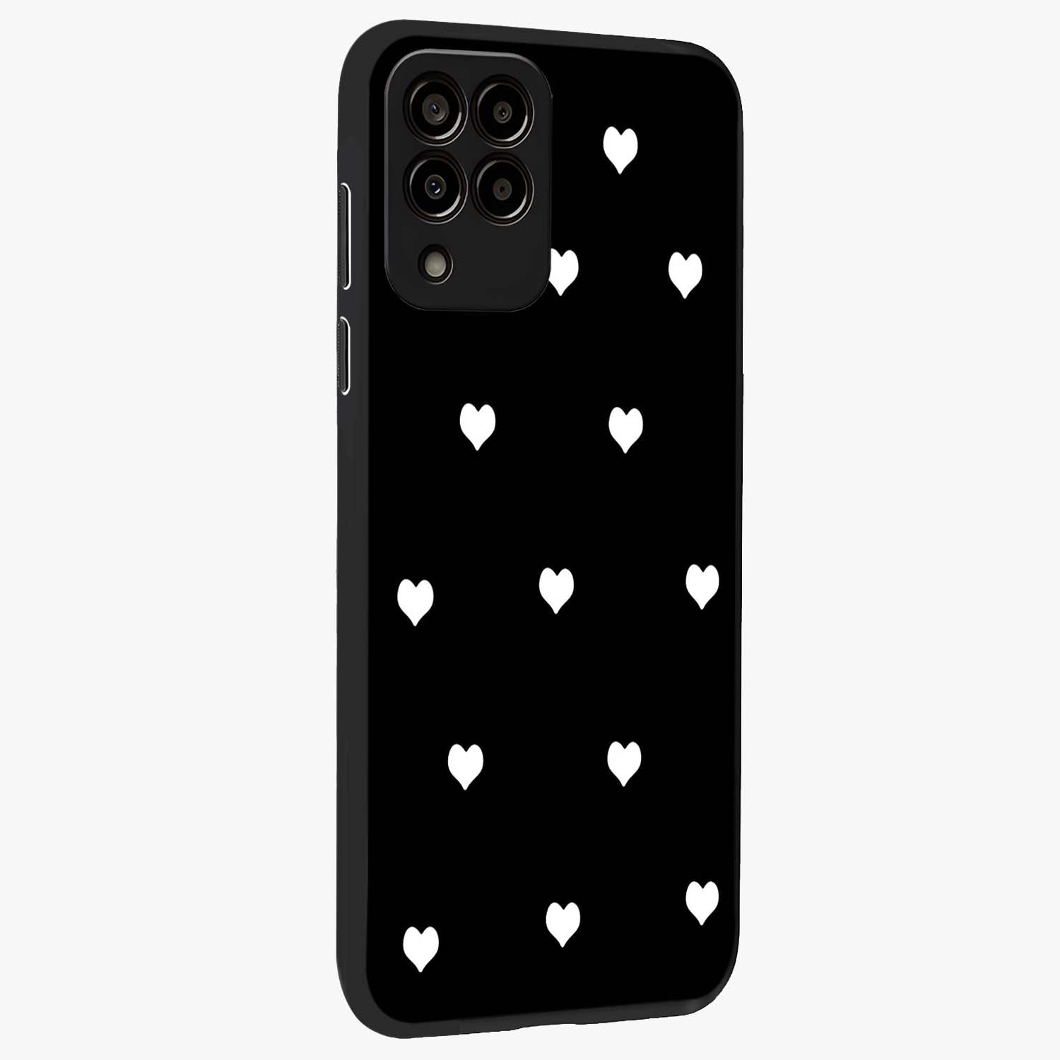 Cute And Simple White Hearts Glass Case upright view showcasing simple white hearts artwork with soft minimal theme.