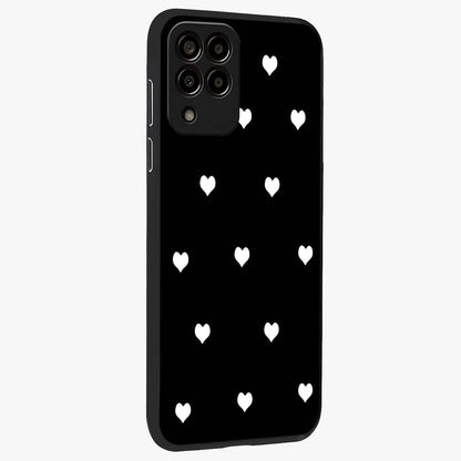 Cute And Simple White Hearts Glass Case upright view showcasing simple white hearts artwork with soft minimal theme.