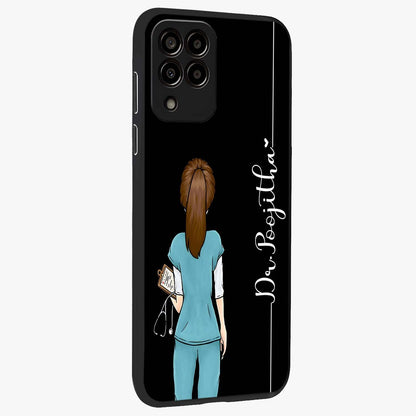 Doctor Pattern Custom Name Glass Case upright view showcasing healthcare themed design with personalized aesthetic.