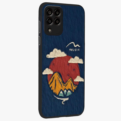 Dream Beyond Mountains Glass Case upright view showcasing beautiful mountain scenery with inspirational nature theme.