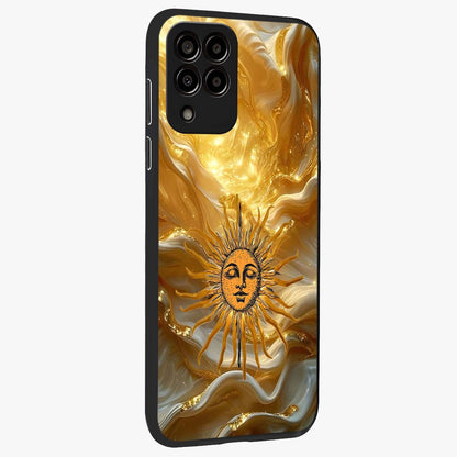 Eternal Golden Glow Glass Case upright view showcasing luminous golden artwork with luxurious visual theme.