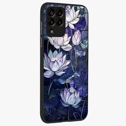 Gloss Petal Rush Glass Case upright view showcasing dynamic floral petal artwork with modern botanical theme.