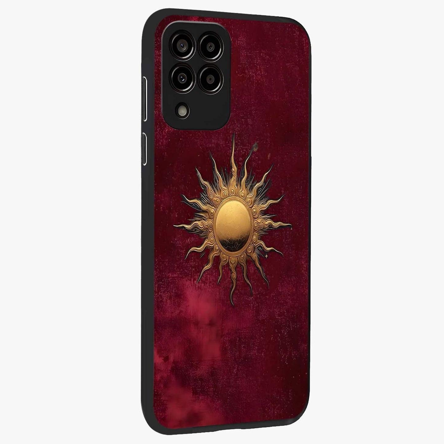 Golden Sun Minimalism Glass Case upright view showcasing simple golden sun artwork with elegant minimalist style.