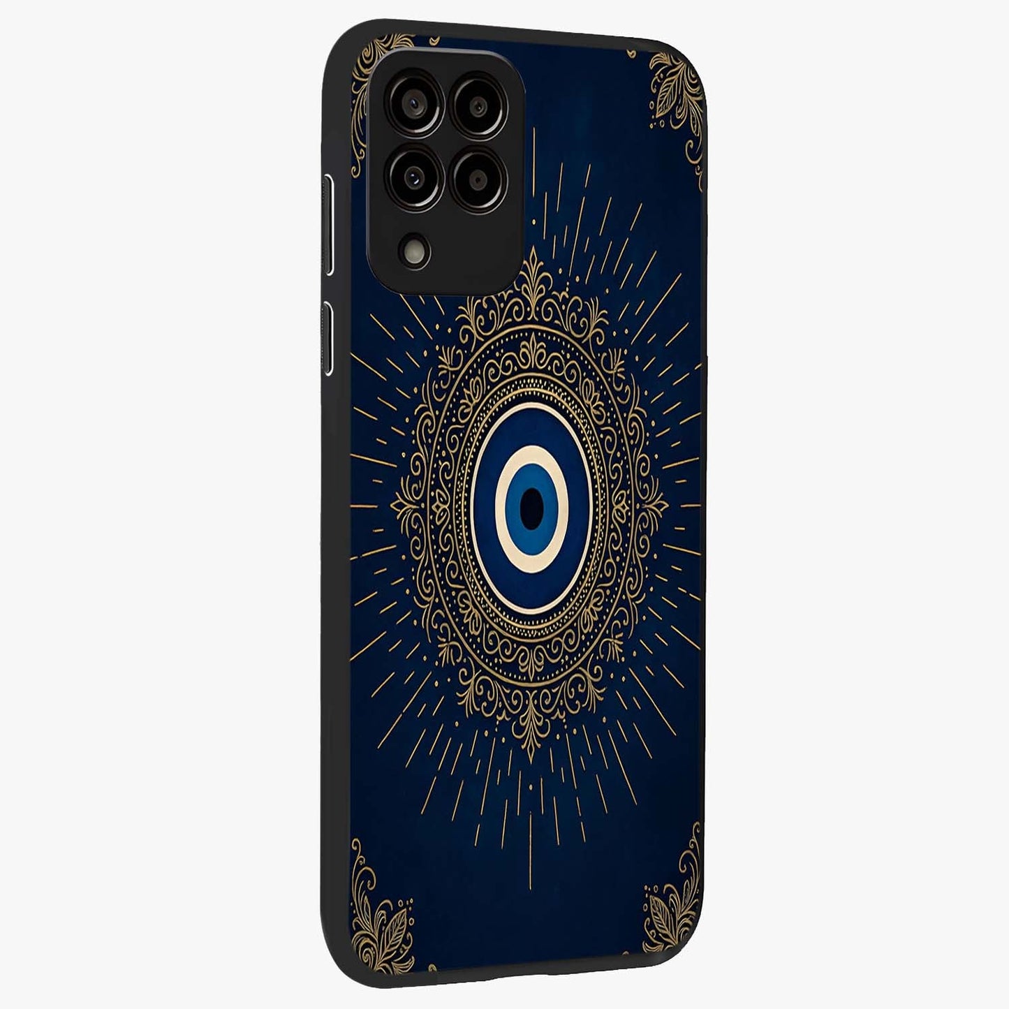 Golden Celestial Charm Glass Case upright view showcasing radiant celestial artwork with elegant golden theme.