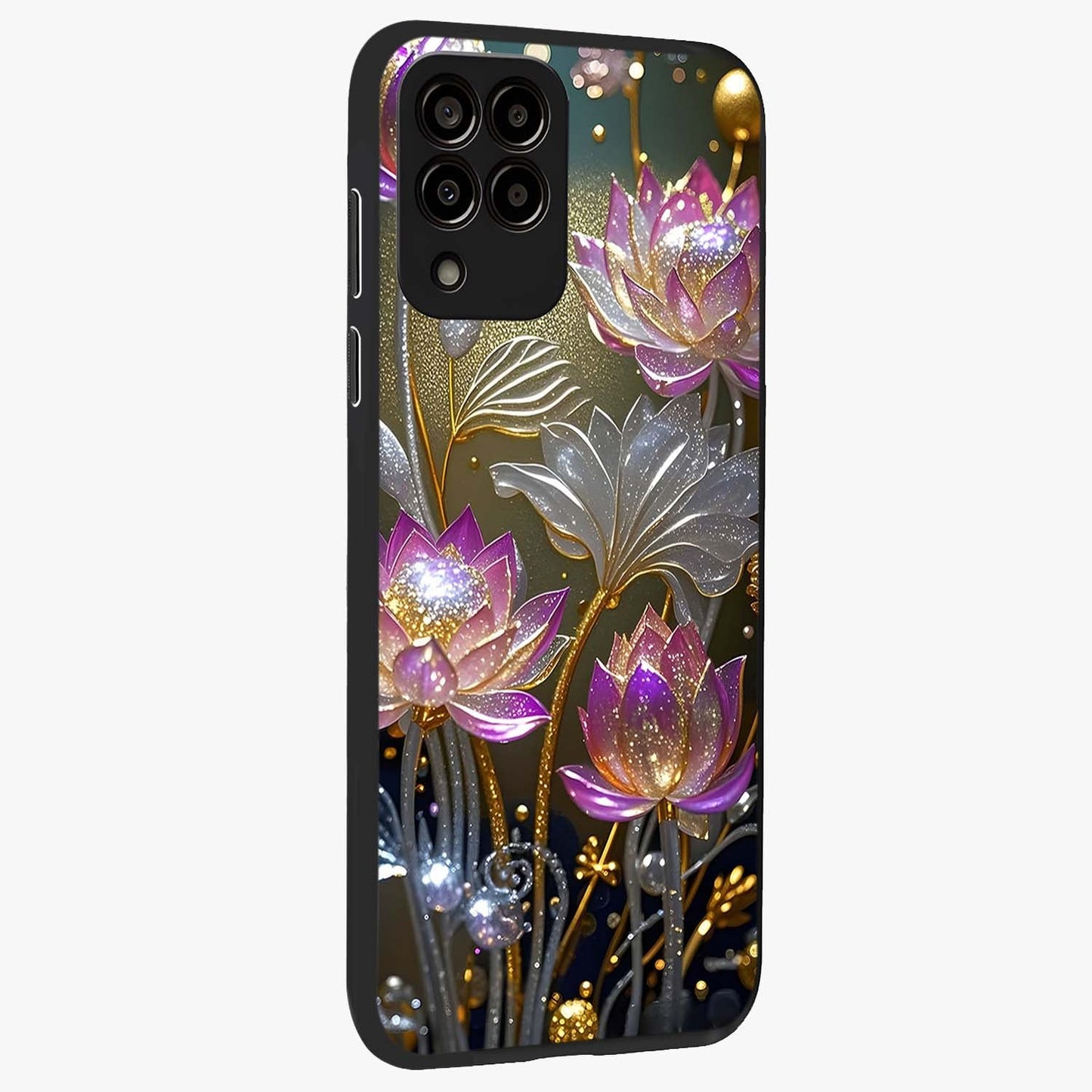 Golden Floral Majesty Glass Case upright view showcasing majestic floral artwork with rich decorative theme.