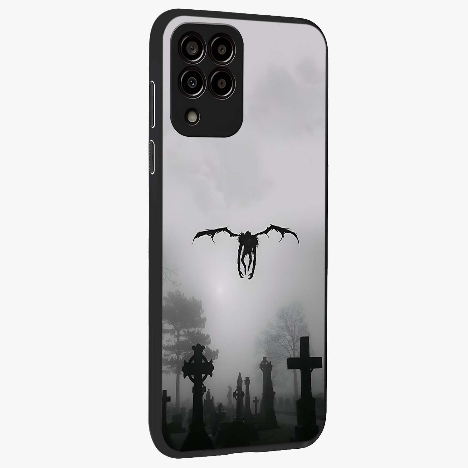 Graveyard Shadow Descent Glass Case upright view showcasing haunting graveyard artwork with dramatic dark theme.
