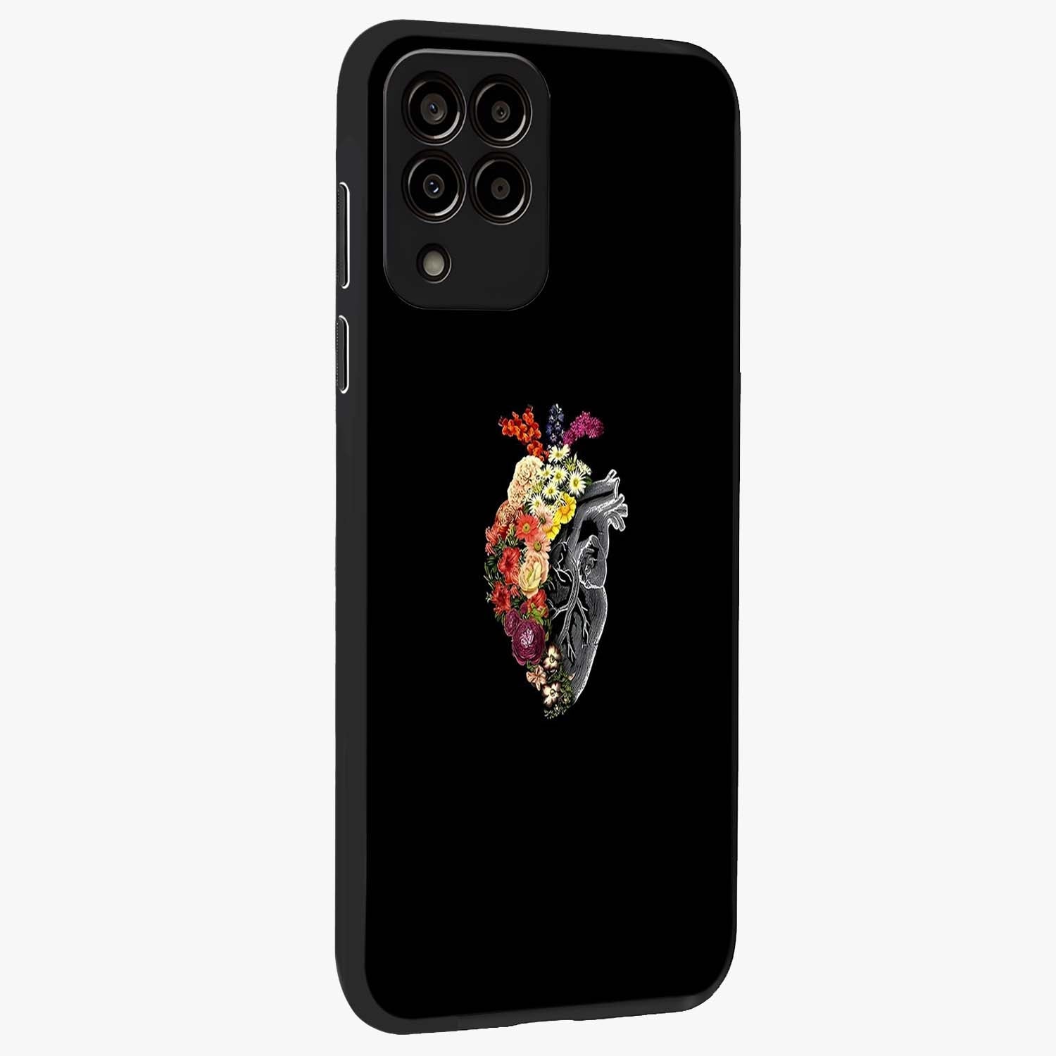 Heart With Flowers Glass Case upright view showcasing decorative heart and floral artwork with sweet romantic theme.