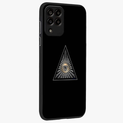 Illuminati Evil Glass Case upright view showcasing striking illuminati artwork with mysterious symbolic theme.