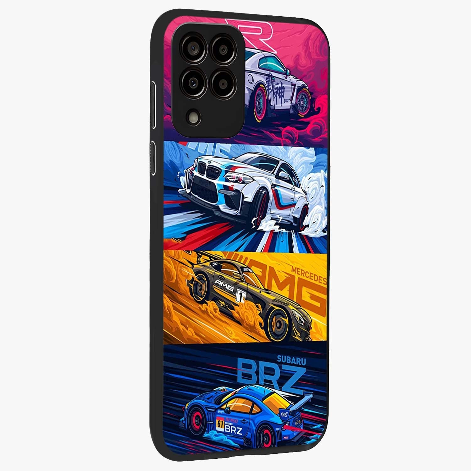 JDM Sports Car Glass Case upright view showcasing dynamic sports car artwork with bold racing theme.