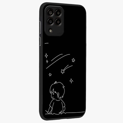 Line Art Boy With Shooting Stars Glass Case upright view showcasing artistic shooting star illustration with minimal style.