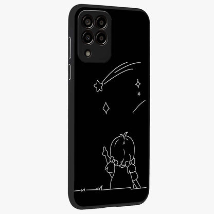 Line Art Girl With Shooting Stars Glass Case upright view showcasing delicate shooting stars artwork with minimal artistic theme.
