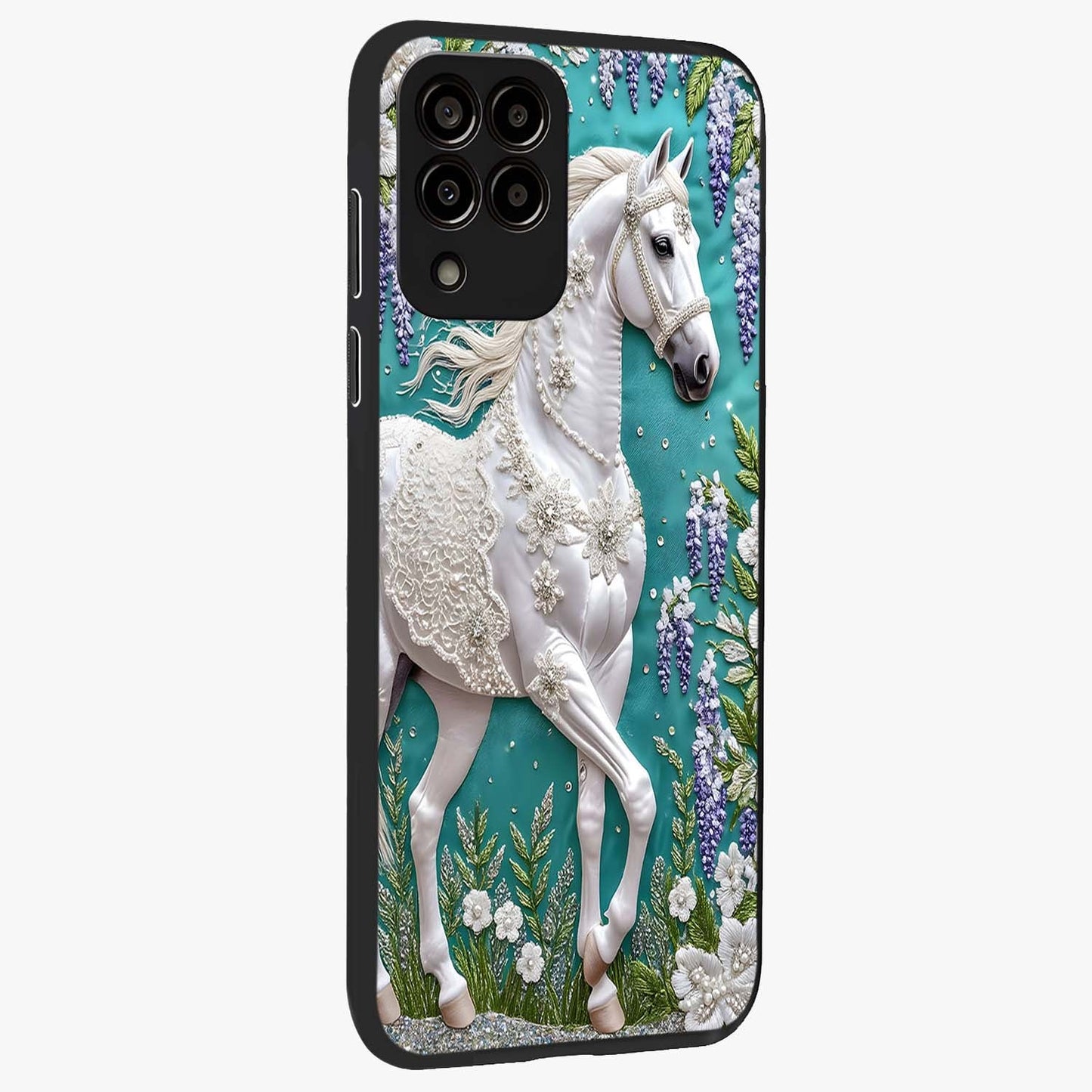 Majestic Floral Stallion Glass Case upright view showcasing dramatic horse artwork with decorative floral theme.
