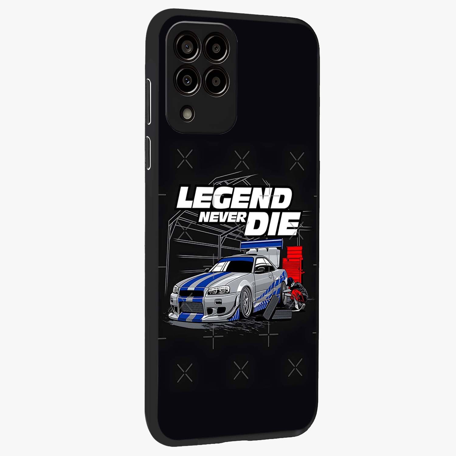 Midnight Racing Legacy Glass Case upright view showcasing powerful racing artwork with modern sports theme.