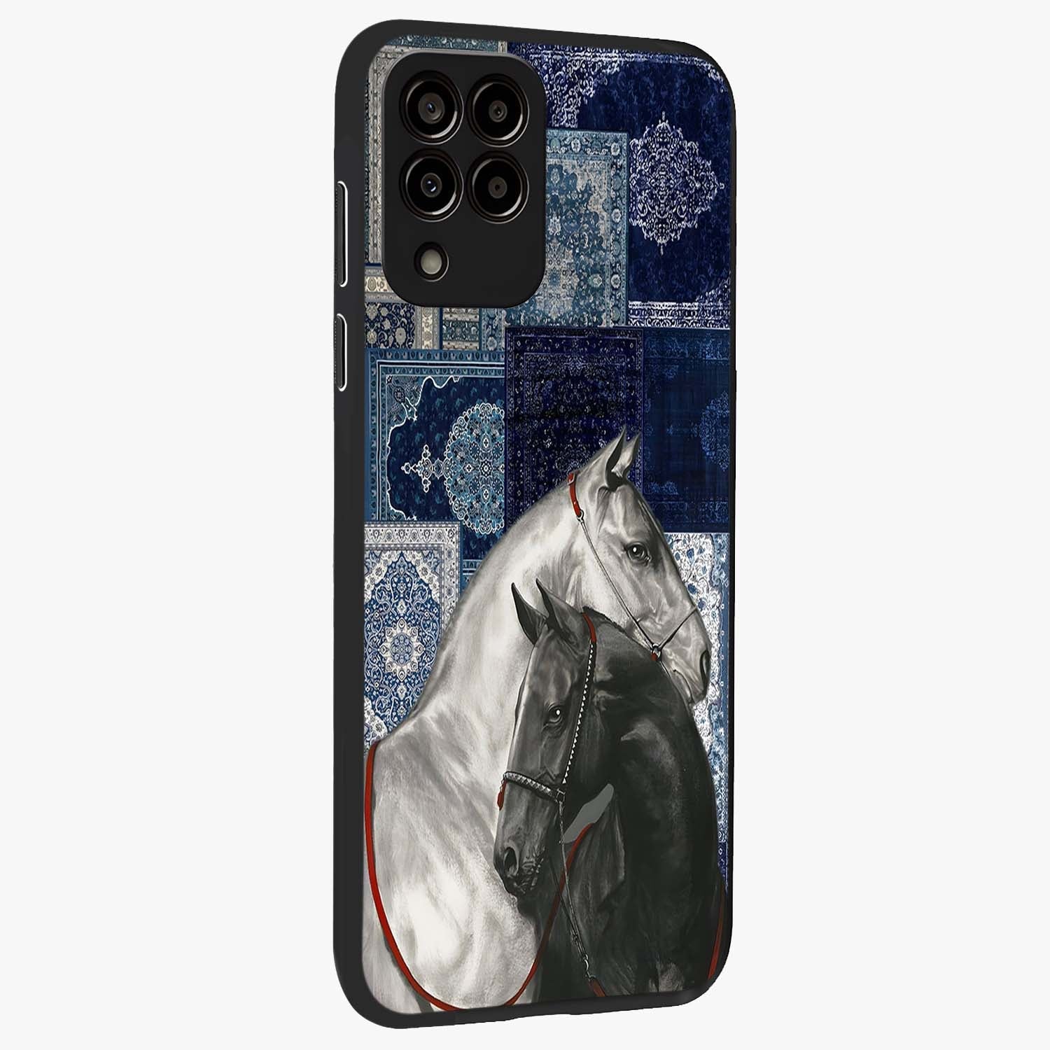 Midnight Stallion Blues Glass Case upright view showcasing dramatic horse artwork with bold artistic theme.