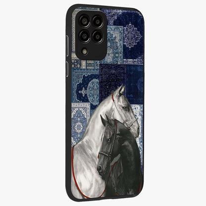 Midnight Stallion Blues Glass Case upright view showcasing dramatic horse artwork with bold artistic theme.