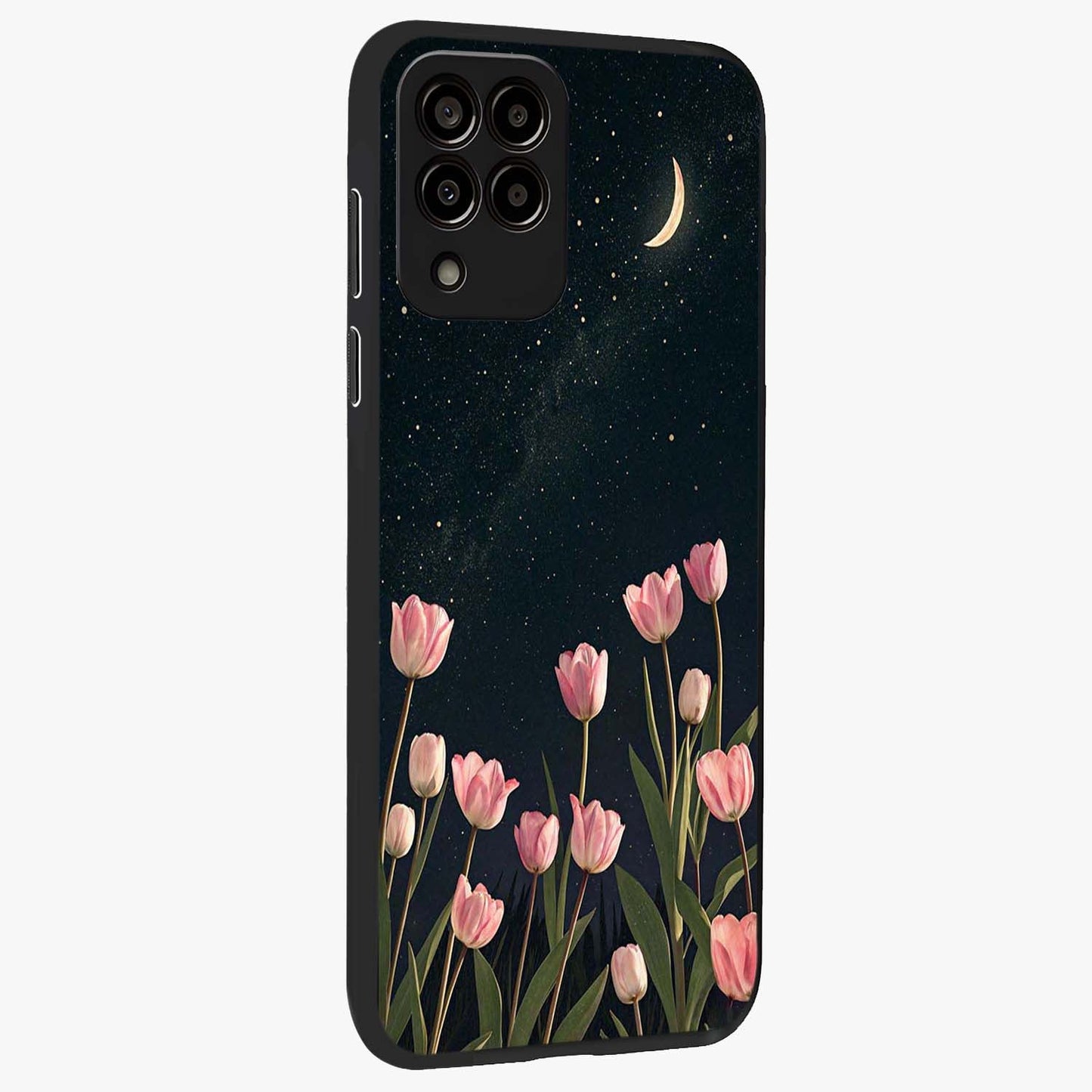 Midnight Tulip Whispers Vibe Glass Case upright view showcasing graceful tulip artwork with calm botanical theme.