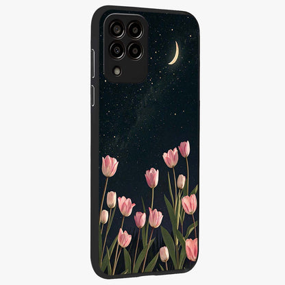 Midnight Tulip Whispers Vibe Glass Case upright view showcasing graceful tulip artwork with calm botanical theme.