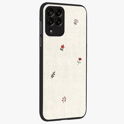 Minimalistic Blue With White Flower Pattern Glass Case upright view showcasing clean white flower artwork with calming blue theme.