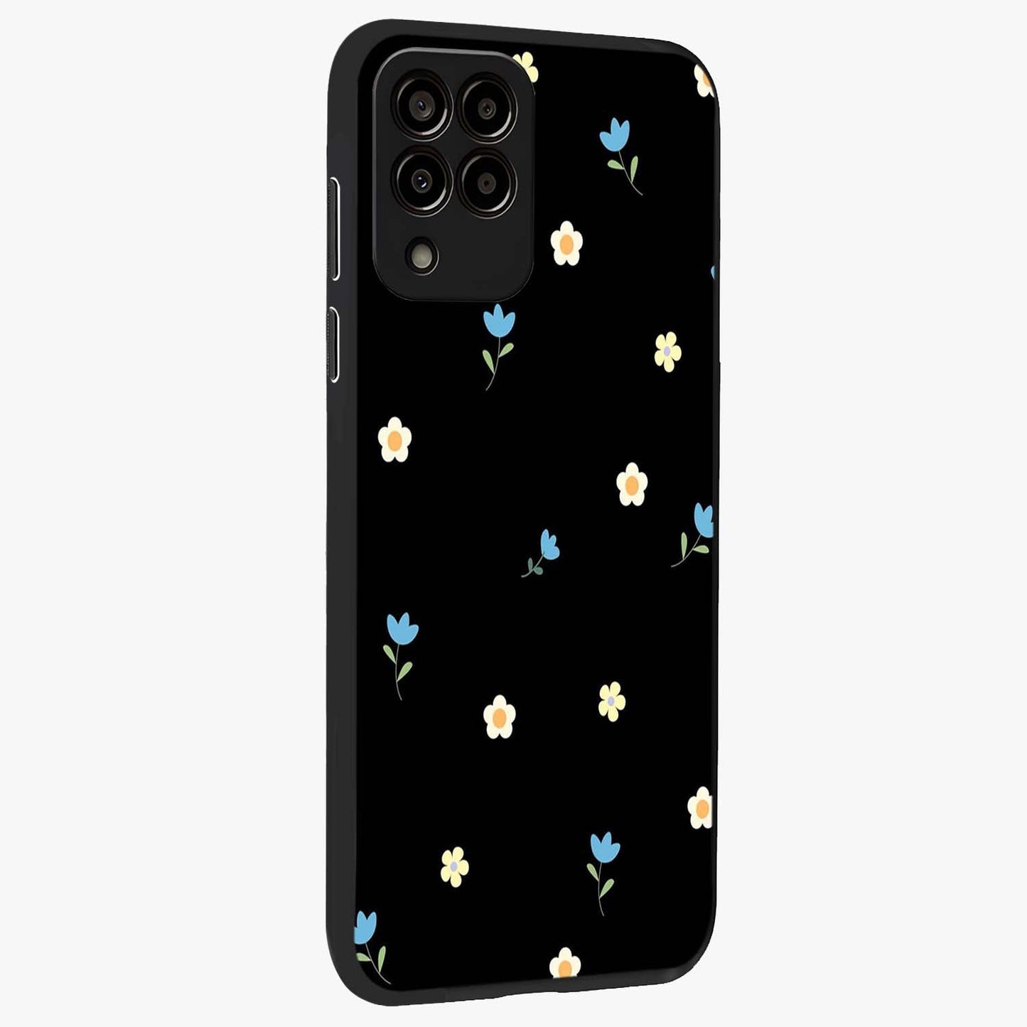 Minimal Petal Whispers Glass Case upright view showcasing elegant floral artwork with modern minimalist style.