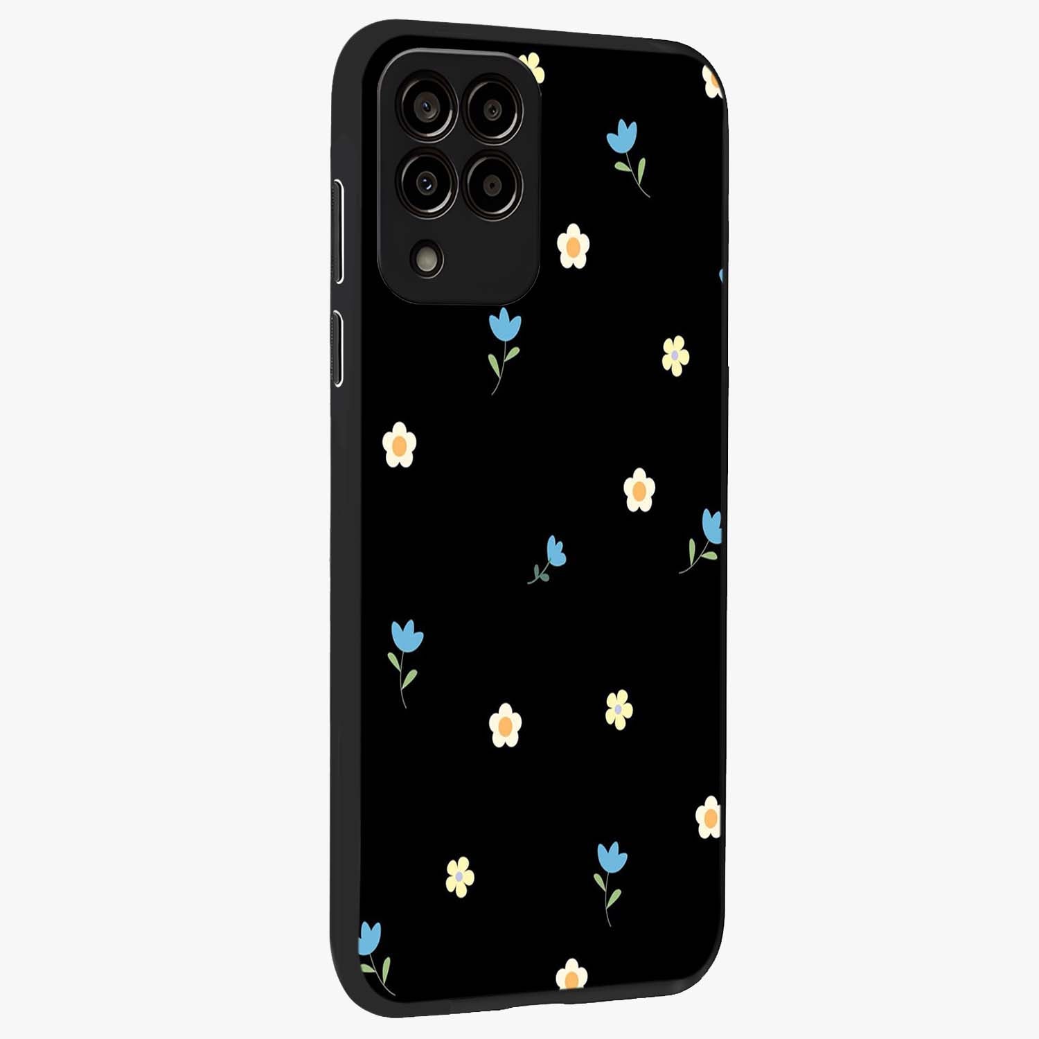 Minimal Petal Whispers Glass Case upright view showcasing elegant floral artwork with modern minimalist style.