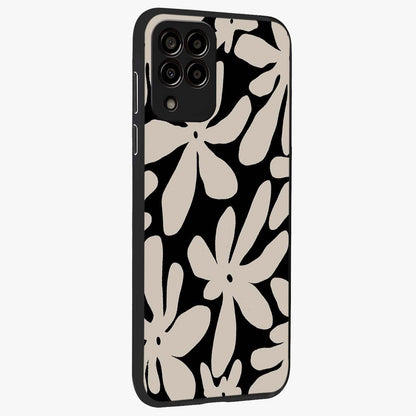 Monochrome Petal Dance Glass Case upright view showcasing artistic floral pattern with stylish monochrome theme.