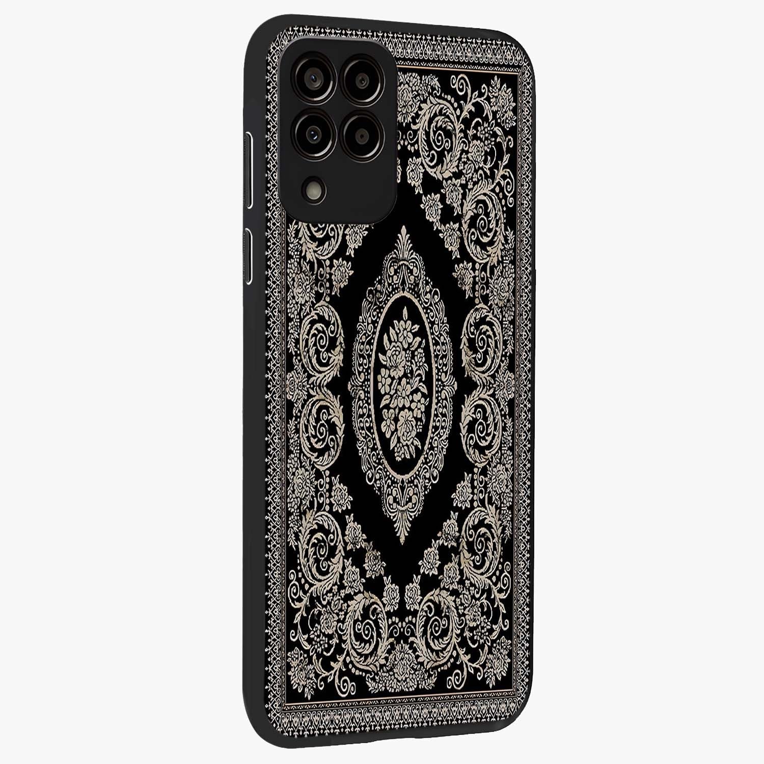 Noir Bloom Elegance Glass Case upright view showcasing graceful floral artwork with luxurious dark theme.