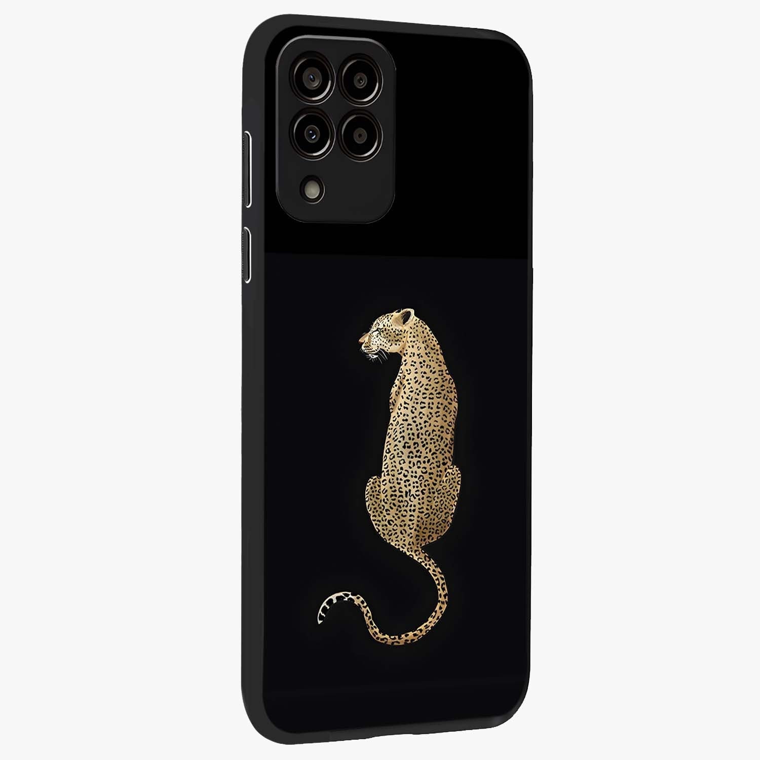 Regal Leopard Glass Case upright view showcasing striking leopard artwork with fierce wildlife theme.